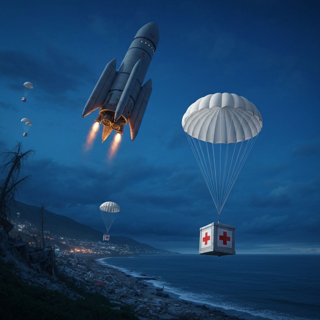 Humanitarian supply pods being deployed from a cargo rocket