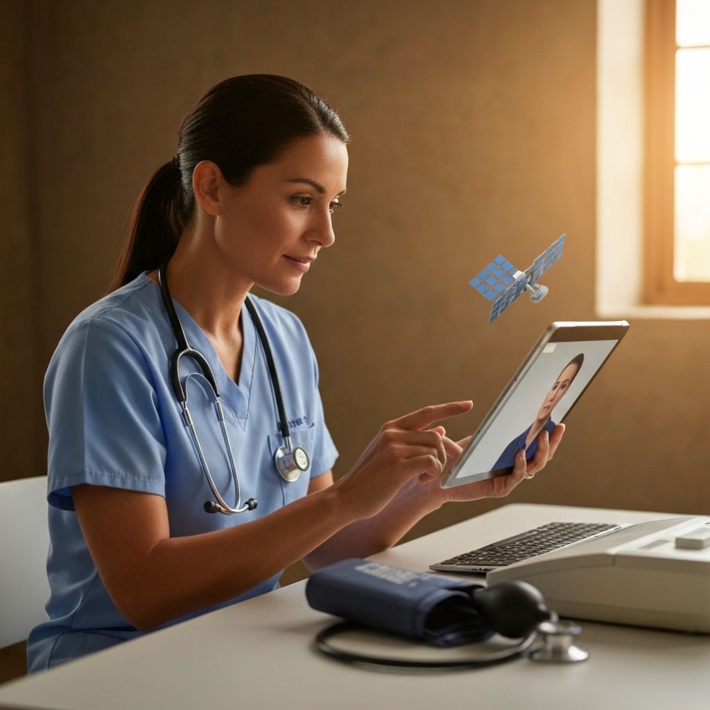 Nurse practitioner using satellite-connected tablet for remote consultation